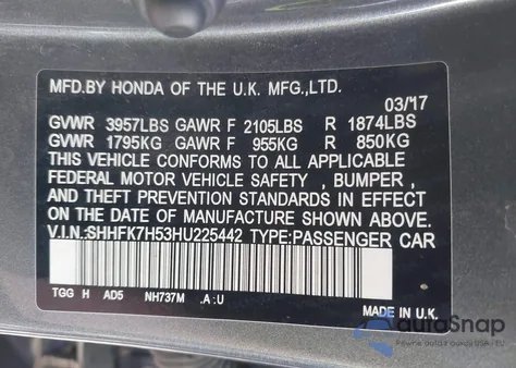 2017 Honda Civic Ex z USA, uszkodzony, nr VIN SHHFK7H53HU225442
